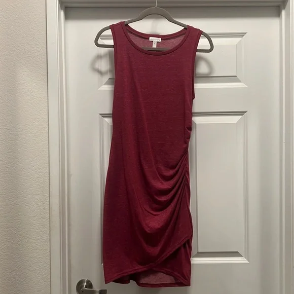 leith red dress Leith Burgundy Faux-Wrap Long Sleeve Ruched Dress